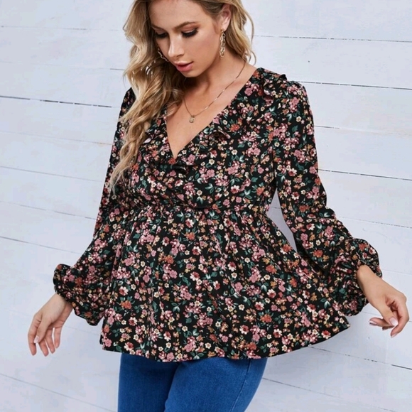 Maternity Floral Print Ruffle Trim Lantern Sleeve Peplum Blouse - Picture 5 of 7